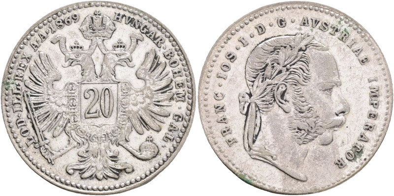 FRANCIS JOSEPH I. 1848-1916 20 Kreutzer 1869, KM#2212, Ag.900, 4,31g 22/1,4mm, V...