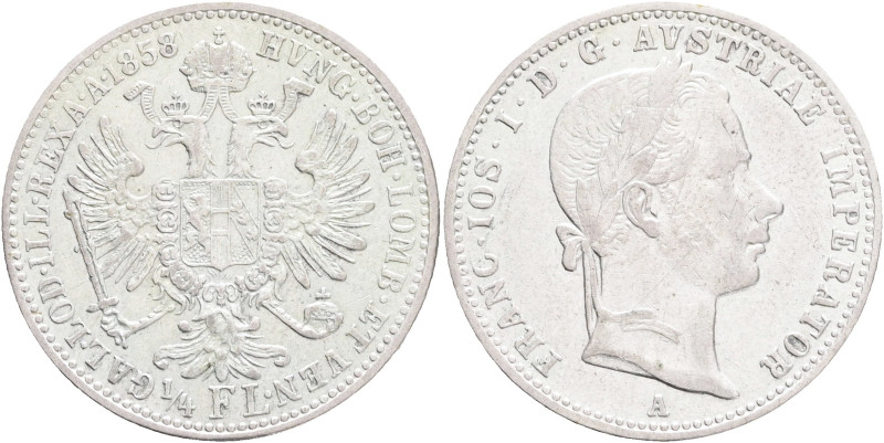 FRANCIS JOSEPH I. 1848-1916 1/4 Gulden 1858 A, KM#2213,Ag.520, 5,32g 24/1,5mm, V...