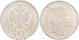 FRANCIS JOSEPH  I. 1848-1916 1/4 Gulden 1860 A, KM#2214,Ag.520, 5,32g 24/1,5mm, Vienna