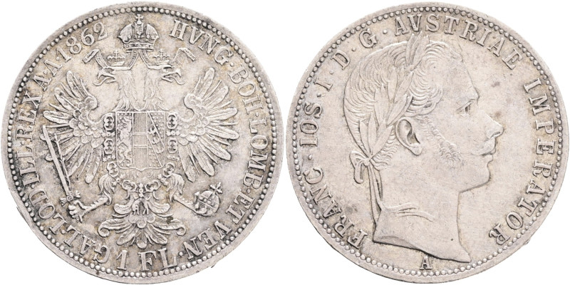 FRANCIS JOSEPH I. 1848-1916 1 Gulden 1862 A, KM#2219 Ag.900, 12,24g 29/2mm, Vien...