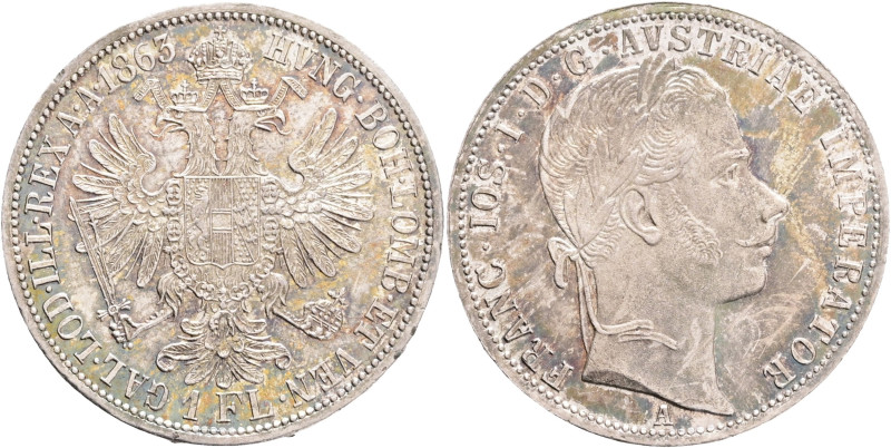 FRANCIS JOSEPH I. 1848-1916 1 Gulden 1863 A, KM#2219 Ag.900, 12,24g 29/2mm, Vien...