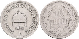 FRANCIS JOSEPH  I. 1848-1916 10 Filler 1892 KB, KM#482 Nickel 2,92g 19/1,32mm, Kremnica