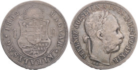 FRANCIS JOSEPH  I. 1848-1916 1 Forint 1892 KB, FIUME KM#475,ÉH#1467 Ag.900, 12,34g 29/2,mm, Franz Joseph I., Kremnica,  patina