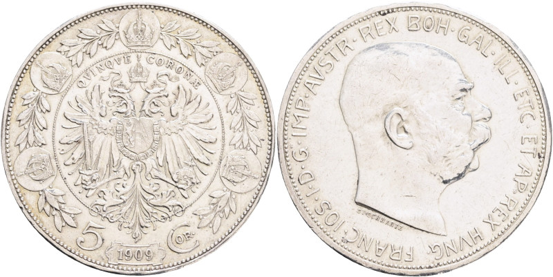 FRANCIS JOSEPH I. 1848-1916 5 Corona 1909, Schwartz, KM#2813 Ag.900 24,04g 36/2,...