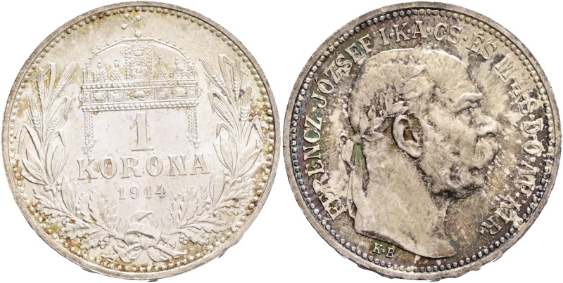 FRANCIS JOSEPH I. 1848-1916 1 Corona 1914 KB, KM#492, ÉH#1495 Ag.835 5,01g, 23/1...