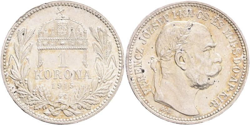 FRANCIS JOSEPH I. 1848-1916 1 Corona 1915 KB, KM#492, ÉH#1495 Ag.835 5,01g, 23/1...