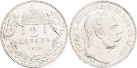 FRANCIS JOSEPH  I. 1848-1916 2 Corona 1914 KB, KM#493 Ag.835 10g 27/2mm, Kremnica R!