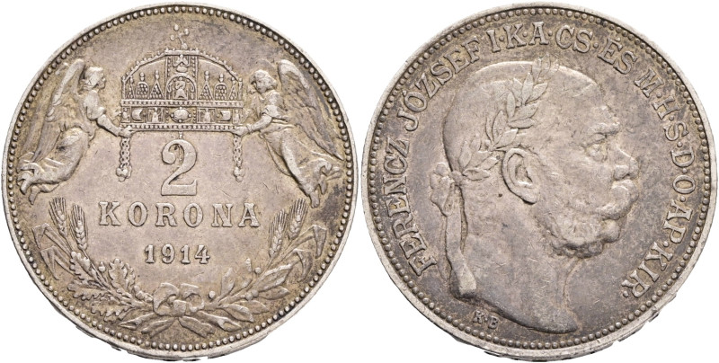 FRANCIS JOSEPH I. 1848-1916 2 Corona 1914 KB, KM#493 Ag.835 10g 27/2mm, Kremnica...