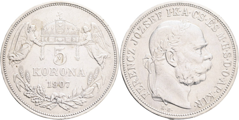 FRANCIS JOSEPH I. 1848-1916 5 Corona 1907 KB, KM#488, ÉH#1492 Ag.900 24g 36/2,6m...