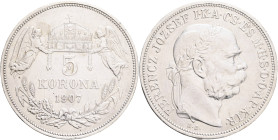 FRANCIS JOSEPH  I. 1848-1916 5 Corona 1907 KB, KM#488, ÉH#1492   Ag.900 24g 36/2,6mm, Kremnica