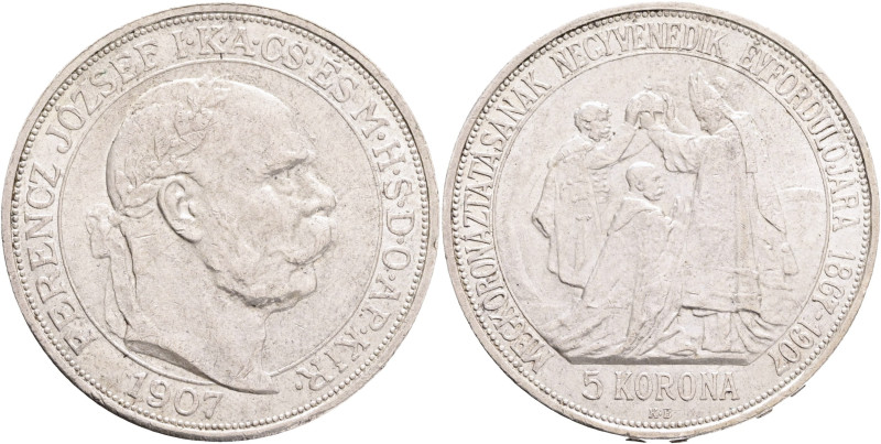 FRANCIS JOSEPH I. 1848-1916 5 Corona 1907 KB, coronation mintage, KM#489 Ag.900 ...