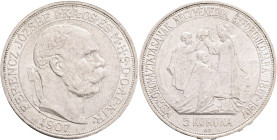 FRANCIS JOSEPH  I. 1848-1916 5 Corona 1907 KB, coronation mintage, KM#489 Ag.900 24g, 36mm Kremnica, hair lines