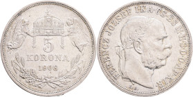 FRANCIS JOSEPH  I. 1848-1916 5 Corona 1908 KB, KM#488, ÉH#1492   Ag.900 24g 36/2,6mm, Kremnica