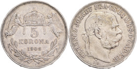FRANCIS JOSEPH  I. 1848-1916 5 Corona 1909 KB, KM#488, ÉH#1492   Ag.900 24g 36/2,6mm, Kremnica