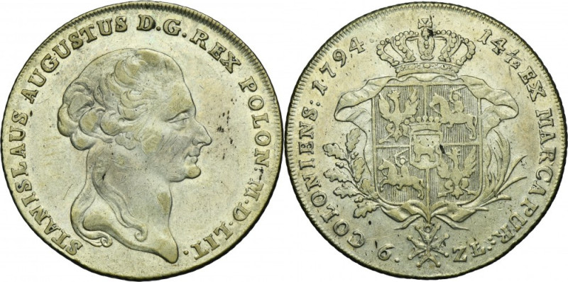 Poniatowski, Thaler 6 zloty Warsaw 1794 Variety with an oak leaf overlapping the...