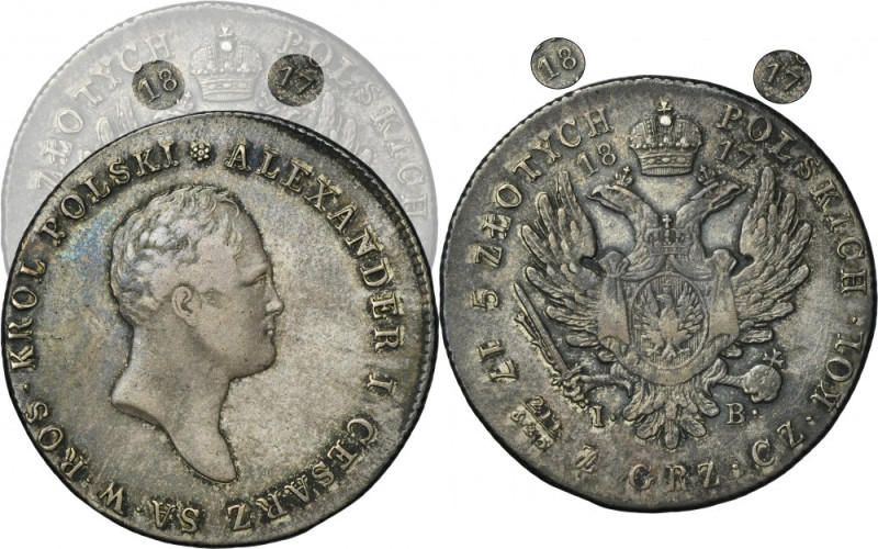 Kingdom of Poland, 5 zloty Warsaw 1817 IB Rare vintage.
 Variety with a younger...