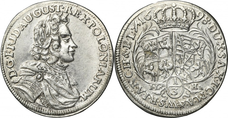 Augustus II the Strong, 1/3 Thaler (1/2 gulden) Dresden 1698 ILH - RARE Rare fir...