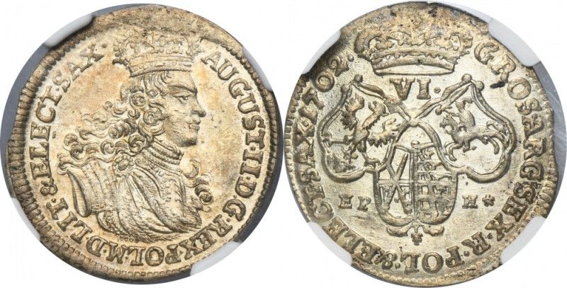 Augustus II the Strong, 6 Groschen Leipzig 1702 EPH - NGC MS63 Rare and wanted d...