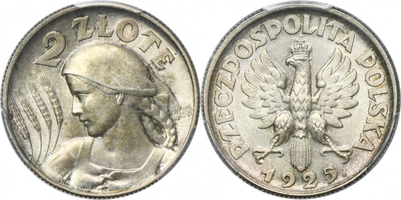 Kobieta i kłosy, 2 złote Londyn 1925 - kropka po dacie - PCGS MS63 Odmiana z kro...