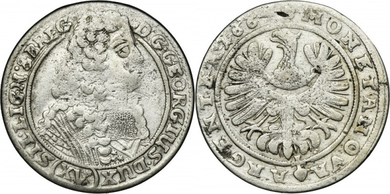 Silesia, Duchy of Liegnitz-Brieg-Wohlau, Georg III, 15 Kreuzer Brieg 1664 Variet...