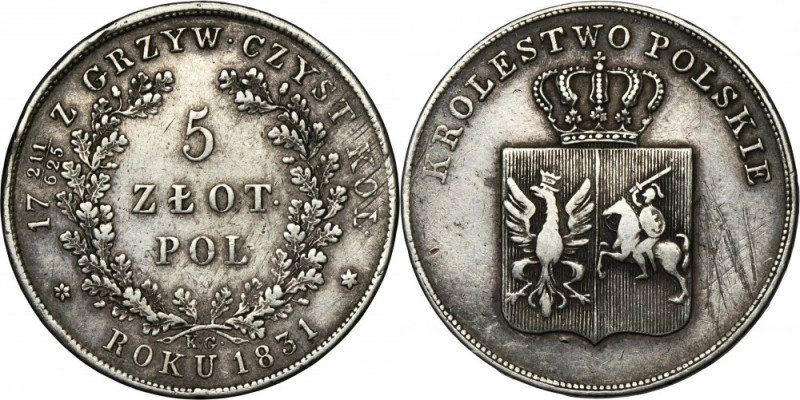 November Uprising, 5 zloty Warsaw 1831 KG Variety with a fractional line in the ...