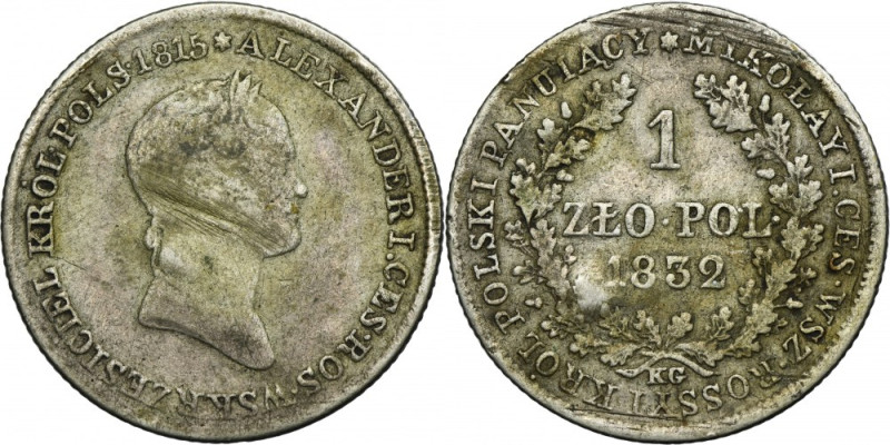 Kingdom of Poland, 1 zloty Warsaw 1832 KG Variety with initials KG, Karl Gronau,...