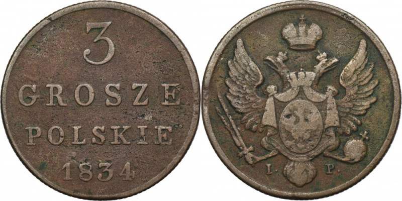 Kingdom of Poland, 3 Polish groschen Warsaw 1834 IP Variety with initials IP of ...