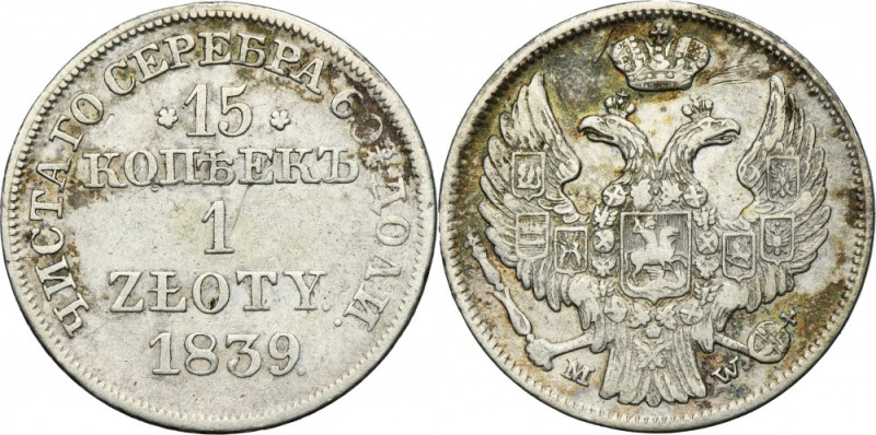 15 kopeck = 1 zloty Warsaw 1839 MW Variety with a dot after the date, with a nor...