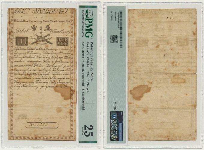 10 złotych 1794 - C - PMG 25 Egzemplarz wydrukowany na fragmencie arkusza bez do...