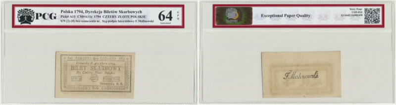 4 złote 1794 (2)(H) - PCG 64 EPQ &nbsp; 
 Rzadsza druga seria.&nbsp; Banknot op...