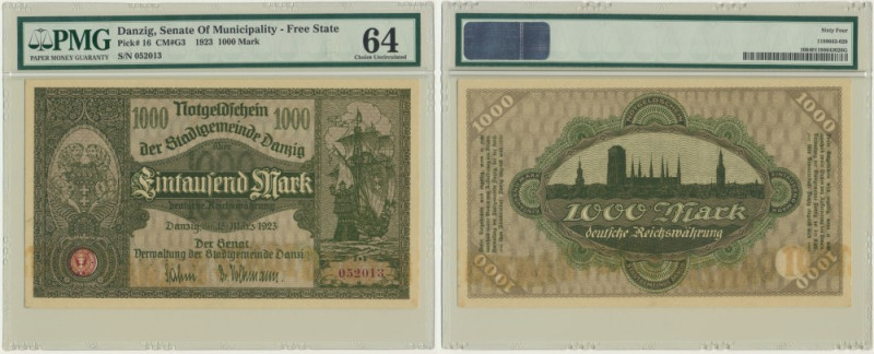 Danzig, 1.000 Mark 1923 - PMG 64 Banknote in PMG slab with PMG 64 grade. An unde...