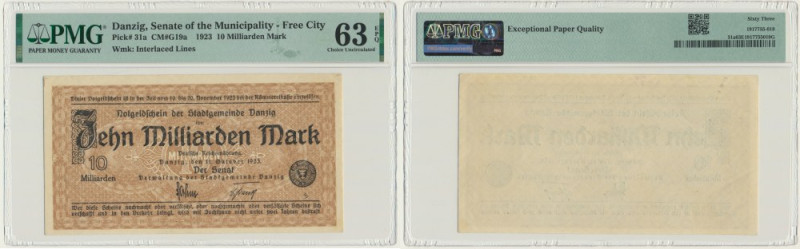Danzig, 10 billion Mark 1923 - watermark 'squares' - PMG 63 EPQ Uncirculated ban...