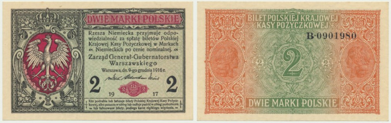 2 marki 1916 - Generał - B - &nbsp; Banknot gięty przez pole zadrukowane. Egzemp...