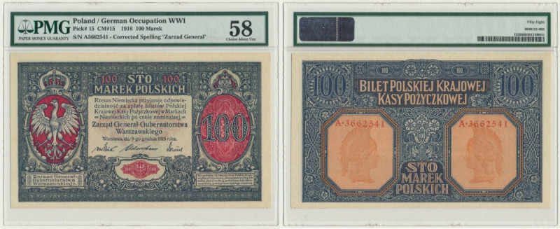 100 marek 1916 - Generał - PMG 58 Powszechnie występujący banknot z&nbsp;poprawn...