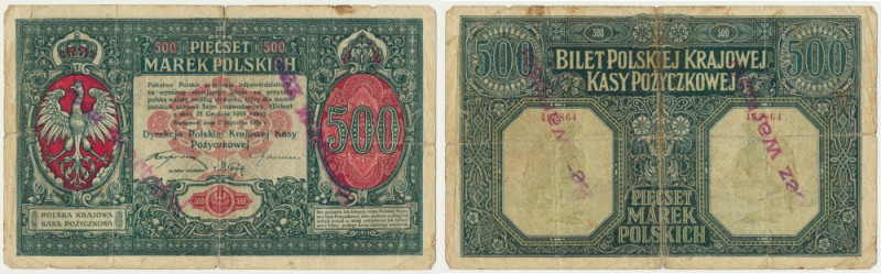 500 marek 1919 - Dyrekcja - Bez wartości Pierwszy polski banknot wydany przez Dy...
