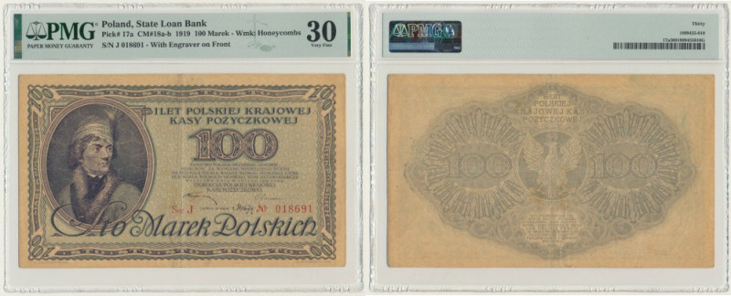 100 marek 1919 - Ser. J - PMG 30 Odmiana z drukiem na papierze ze znakiem wodnym...