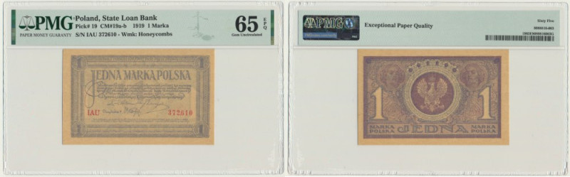 1 marka 1919 - IAU - PMG 65 EPQ &nbsp; Odmiana trzyliterowa. Banknot w slabie PM...