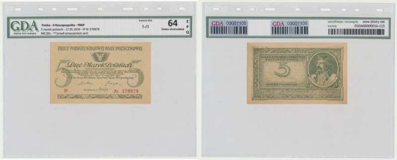 5 marek 1919 - IP - GDA 64 EPQ &nbsp; Odmiana dwuliterowa. Banknot opatrzony cer...