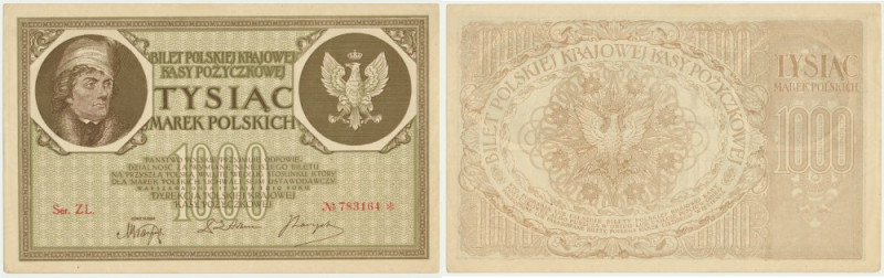 1.000 marek 1919 - Ser. ZL - Wariant z dużą literą S i wąską numeracją. Bez ugię...