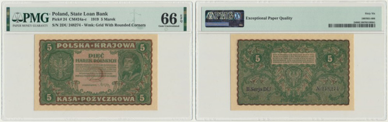 5 marek 1919 - II Serja DU - PMG 66 EPQ Wariant z numeratorem typu '4' wg katalo...