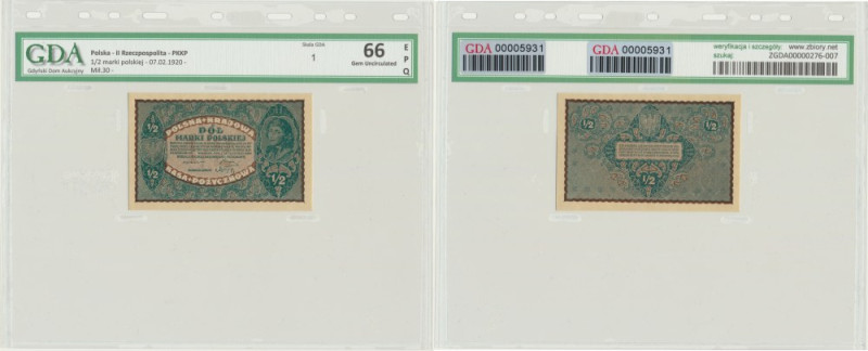 1/2 marki 1920 - GDA 66 EPQ &nbsp; Banknot w slabie GDA z oceną GDA 66 EPQ.&nbsp...