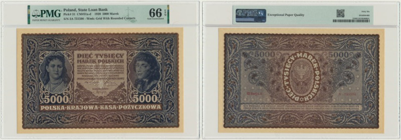 5.000 marek 1920 - III Serja A - PMG 66 EPQ Lubiana seria A. Banknot opatrzony c...