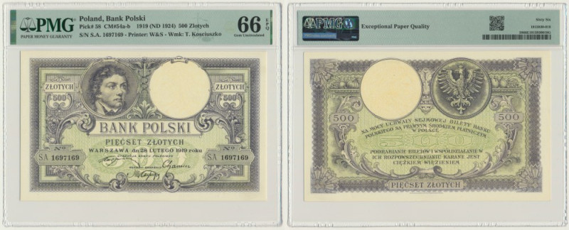 500 złotych 1919 - S.A. - PMG 66 EPQ &nbsp; Odmiana z niskim krojem cyfr. Bankno...