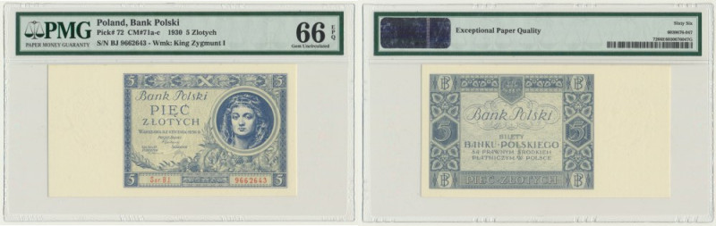 5 złotych 1930 - Ser.BJ. - PMG 66 EPQ Odmiana oznaczona serią dwuliterową,&nbsp;...