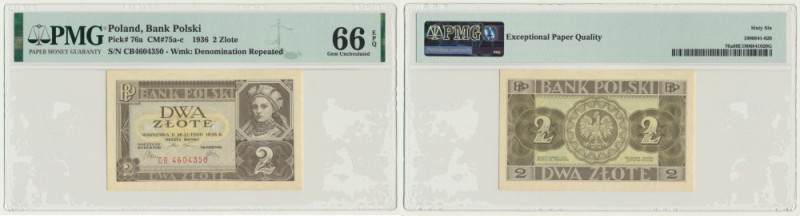 2 złote 1936 - CB - PMG 66 EPQ Banknot opatrzony certyfikatem PMG z bardzo dobrą...