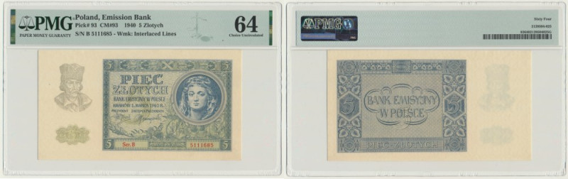 5 złotych 1940 - B - PMG 64 Banknot opatrzony certyfikatem PMG z oceną PMG 64. E...