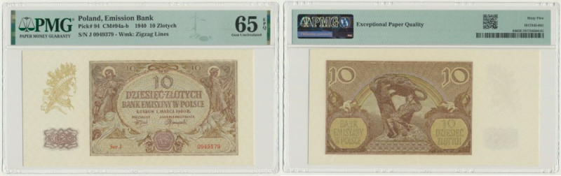 10 złotych 1940 - J - PMG 65 EPQ Banknot opatrzony certyfikatem PMG z wysoką oce...