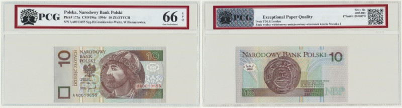 10 złotych 1994 - AA - PCG 66 EPQ &nbsp; Ceniona pierwsza seria AA.&nbsp; Podpis...