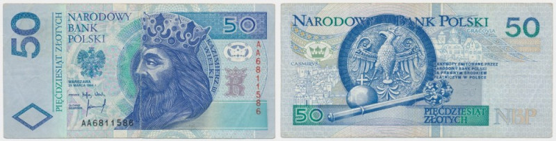 50 złotych 1994 - AA - &nbsp; Lubiana i poszukiwana seria AA. Egzemplarz natural...