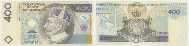 PWPW, 400 złotych 1996 - AB - Wysokiej jakości banknot testowy PWPW w szacie gra...
